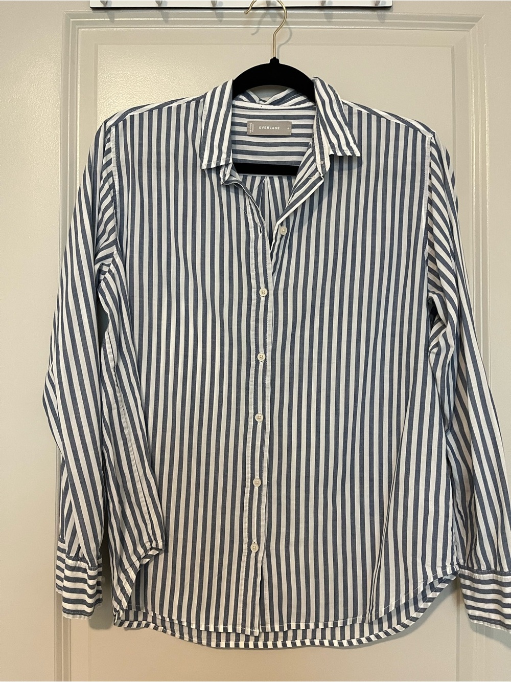Everlane Navy and White Vertical Stripe Button-Up Shirt